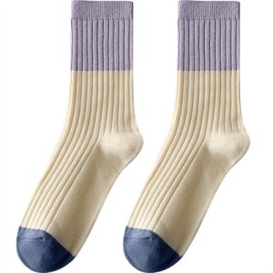 Autumn and winter long socks female pure cotton double -needle stripe color combat retro sweet creamy color mid -pile pile of socks